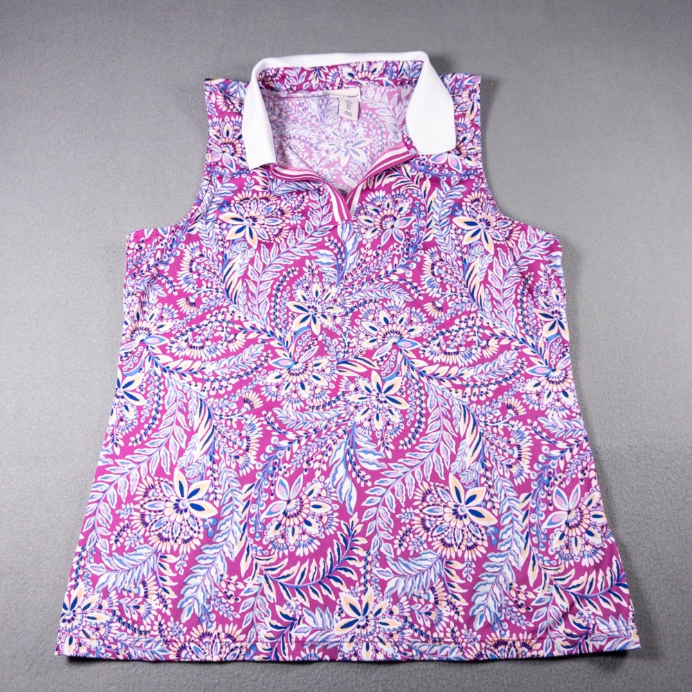 Tommy Bahama Womens Large Sleeveless Golf Tennis Polo Top Floral Paisley Pink